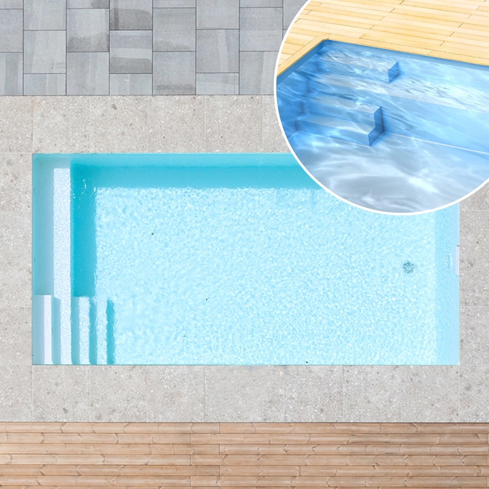 Styroporpool_SitzbankTreppe_Basisset_150cm_links_weiss Styroporpool, 350 x 350 x 150 cm, Basis-Bausatz mit Treppe links und Sitzbank
